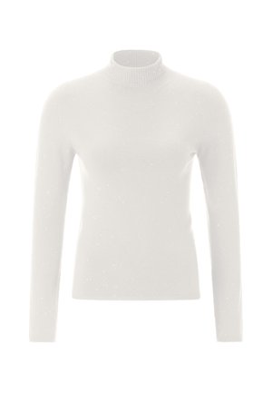 White long-sleeve turtleneck sweater made from a soft knit fabric, featuring a ribbed collar and subtle shimmering texture throughout.