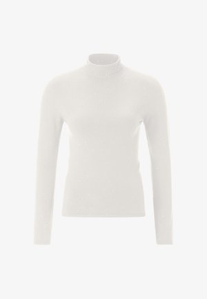 Bijela dugački rukav turtleneck vesta izrađena od mekog pletiva, s rebrastim ovratnikom i suptilnom sjajnom teksturom.