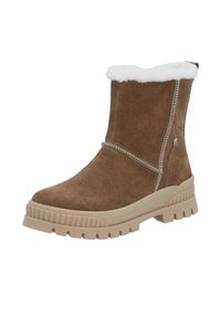 Bottes chelsea en daim marron avec un bord en fausse fourrure blanche, dotées de piqures décoratives, d'une semelle beige texturée et d'une fermeture éclair sur le côté.