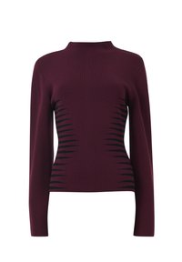 Bordeaux coltrui met lange mouwen, voorzien van zwarte diagonale strepen aan de zijkanten en een hoge hals. Gemaakt van een glad gebreid materiaal.