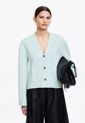 Donna con capelli scuri raccolti in un basso chignon indossa un cardigan azzurro chiaro abbottonato e pantaloni neri a gamba larga, tenendo sotto il braccio una grande borsa in pelle nera.