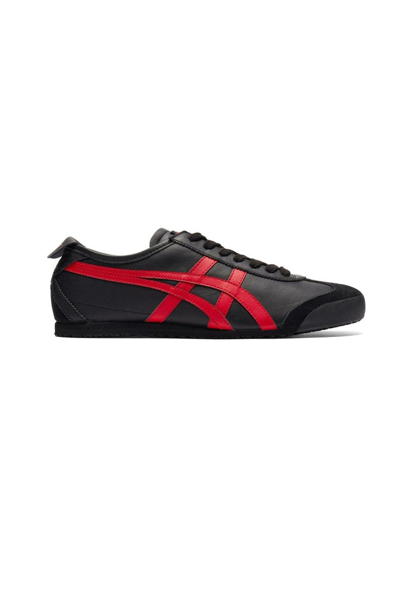 Black athletic shoe with red accents, featuring a smooth upper, rounded toe, textured black sole, and a lace-up design.