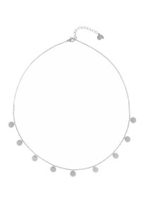 Zilveren ketting met ronde pendanten die gelijkmatig langs de lengte hangen, met een sluiting en een verstelbaar kettingdeel.