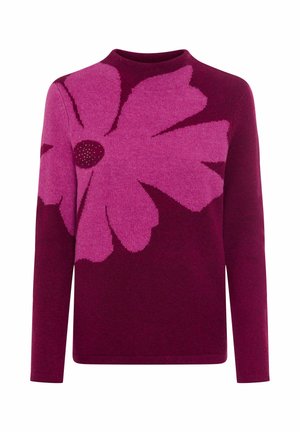 Pull en tricot de couleur bordeaux foncé avec un motif de grande fleur rose. Dispose d'un col rond et de manches longues avec une texture douce.