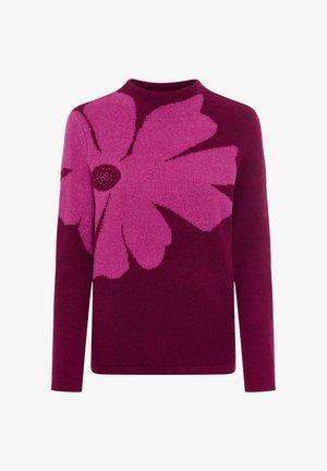 Pull en tricot de couleur bordeaux foncé avec un motif de grande fleur rose. Dispose d'un col rond et de manches longues avec une texture douce.