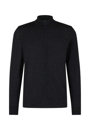Black zip-up cardigan made of soft, textured fabric. Features a high collar and long sleeves with ribbed cuffs. Simple, clean design.