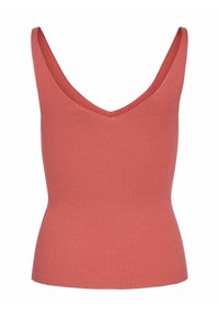 Ribiga tank top korallis, sügava V-kaeluse ja pigistava disainiga, mis rõhutab taljejoont. Valmistatud pehmest ja venivast materjalist.