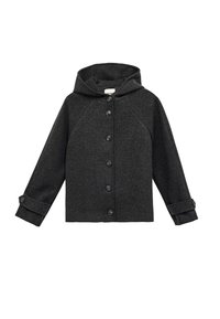 Giacca a cappuccio grigio scuro con tessuto texturizzato, sei bottoni neri lungo la parte anteriore e maniche arrotolate. Presenta una vestibilità comoda e maniche raglan.