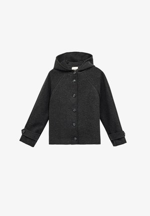 Tummanharmaa huppari, jossa on teksturoitu kangas, kuusi mustaa nappia edessä ja käännetyt hihansuut. Ominaisuuksiin kuuluu rauhallinen istuvuus ja raglan-hihat.