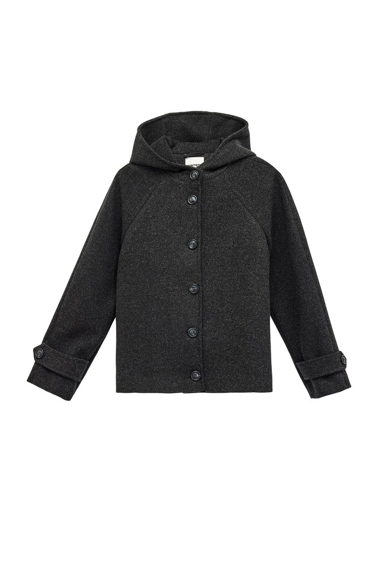 Giacca a cappuccio grigio scuro con tessuto texturizzato, sei bottoni neri lungo la parte anteriore e maniche arrotolate. Presenta una vestibilità comoda e maniche raglan.