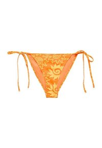 Oranžni bikini spodnji del s spiralnimi vzorci, prilagodljivimi stranskimi vezalkami in gladko teksturo. Podložen z enotno oranžno notranjostjo.