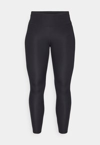 Leggings noirs avec une taille haute, fabriqués en matière extensible. Texture lisse et design ajusté sans coutures ni motifs visibles.