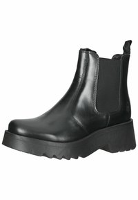 Stivali alla caviglia in pelle nera con pannelli elasticizzati laterali, punta arrotondata e suola in gomma spessa con motivo a zigzag.