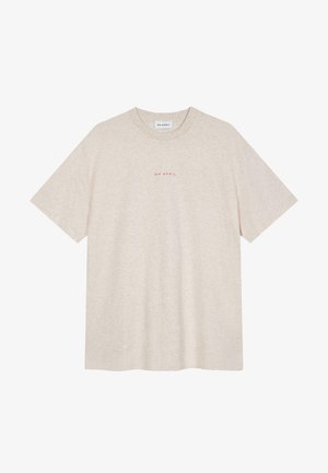 Beige bomullströja med korta ärmar, rund halsringning och liten röd text "OH APRIL" tryckt på framsidan. Mjuk textur, avslappnad passform.