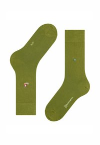 Grüne Socken aus weichem Material, mit einem kleinen Charakterlogo und einem auffälligen blauen Akzent. Eine Socke ist knöchellang.