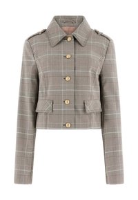 Veste courte à motif écossais marron et beige, ornée de boutons dorés, deux poches frontales et épaulettes sur les épaules.