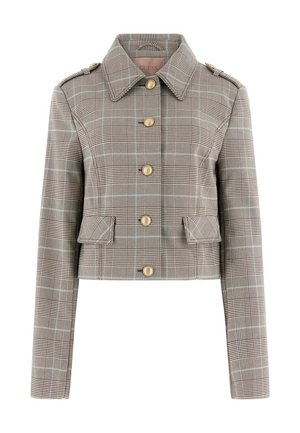 Afgekorte jas met een bruin-beige ruitpatroon, voorzien van gouden knopen, twee voorzakken en epauletten op de schouders.