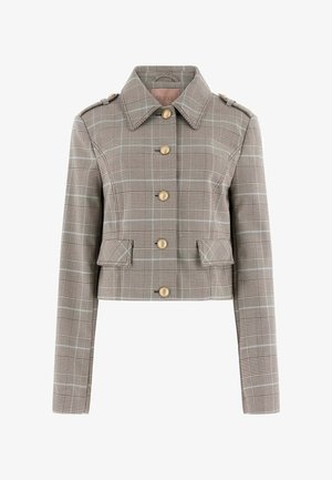 Kurz geschnittene Jacke mit braun-beigem Karo-Muster, goldfarbenen Knöpfen, zwei Vordertaschen und Schulterklappen.