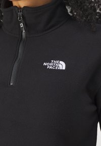 Gros plan d'une personne portant un pull polaire noir avec une demi-fermeture éclair et le logo blanc "The North Face" sur la poitrine.