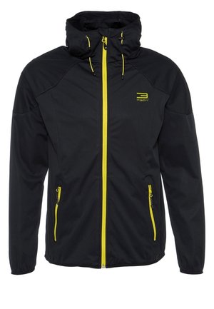 Czarna kurtka z kapturem z żółtym zamkiem błyskawicznym, żółtymi kieszeniami na zamek i żółtymi sznurkami, z małym logo na lewej piersi.
