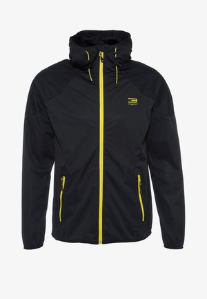 Zwarte capuchonjas met gele ritssluiting, gele ritssluitingszakken en gele trekkoorden, met een klein logo op de linkerborst.