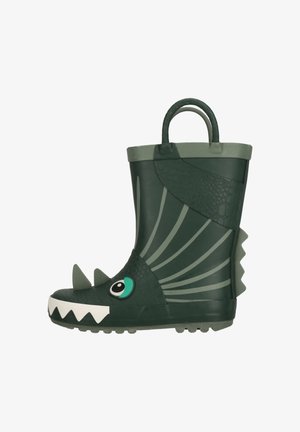 Bottines de pluie en caoutchouc vert avec un motif de dragon. Présentent des écailles texturées, des yeux factices et des détails en pointes sur l'avant et l'arrière pour un look fantaisiste.