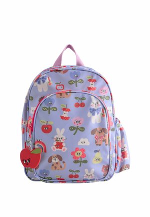 Sac à dos violet avec des animaux de dessin animé colorés, des fruits, des fleurs et un charmé zipper en forme de pomme rouge.