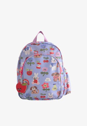 Sac à dos violet avec des animaux de dessin animé colorés, des fruits, des fleurs et un charmé zipper en forme de pomme rouge.