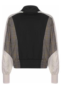 Black and yellow plaid cropped bomber jacket with white satin sleeves and banded cuffs, featuring a collar and checkered back design.