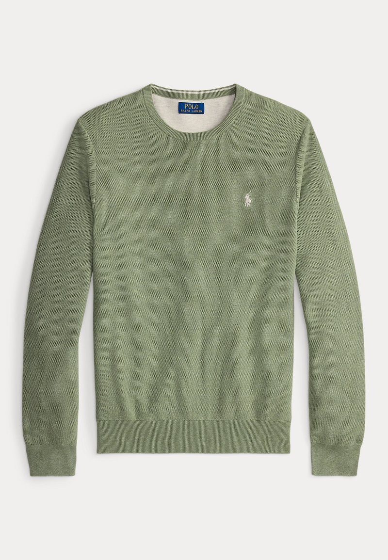 Grüner Strickpullover mit Rundhalsausschnitt. Verfügt über ein kleines gesticktes Logo auf der linken Brust sowie gerippte Bündchen und Saum.
