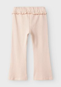 Helle rosa Baumwoll-Hosen in Flared-Form mit einem gekräuselten, elastischen Bund und strukturiertem Muster, die eine glatte Oberfläche und einen bequemen Sitz bieten.