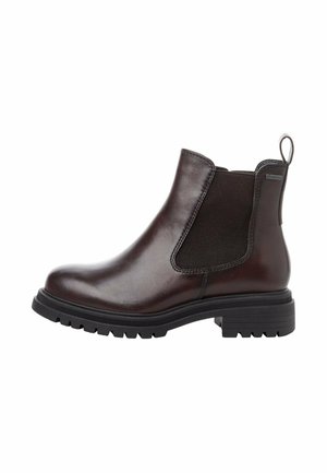 Bottine Chelsea en cuir marron avec des panneaux latéraux élastiques, une languette et une semelle en caoutchouc robuste. Texture lisse avec une finition polie.