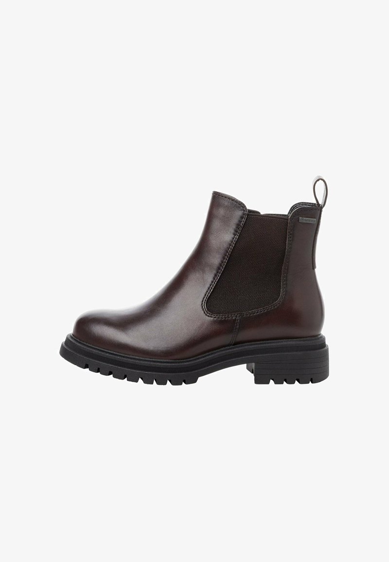 Brązowe skórzane botki Chelsea z elastycznymi panelami bocznymi, uchwytem do zakupu i wytrzymałą gumową podeszwą. Gładka tekstura z polerowaną powierzchnią.