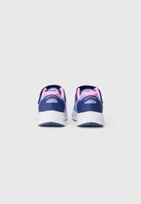 Navy blue running shoes with pink accents, mesh upper, cushioned white midsole, and textured outsole. Features logo on the heel.