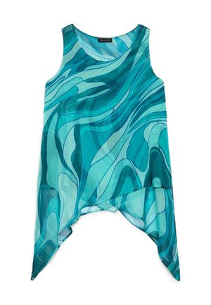 Ärmelloses, fließendes Oberteil mit asymmetrischem Saum und blau-grünem abstraktem Wellenmuster auf leichtem Stoff.