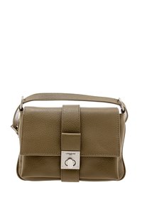 Borsa a tracolla in pelle verde oliva con superficie texturizzata, chiusura a calamita e tracolla regolabile. Design elegante con sottili dettagli metallici.