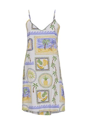 Robe blanche sans manches avec bretelles fines affichant des imprimés tropicaux de palmiers, scènes de plage, bananes, kiwi et ananas.
