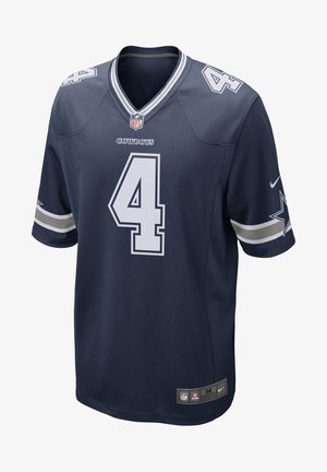 Mornarško modra NFL majica z belimi številkami "4" in napisom "COWBOYS". Ima sive in bele proge na rokavih. Narejena iz zračnega materiala.