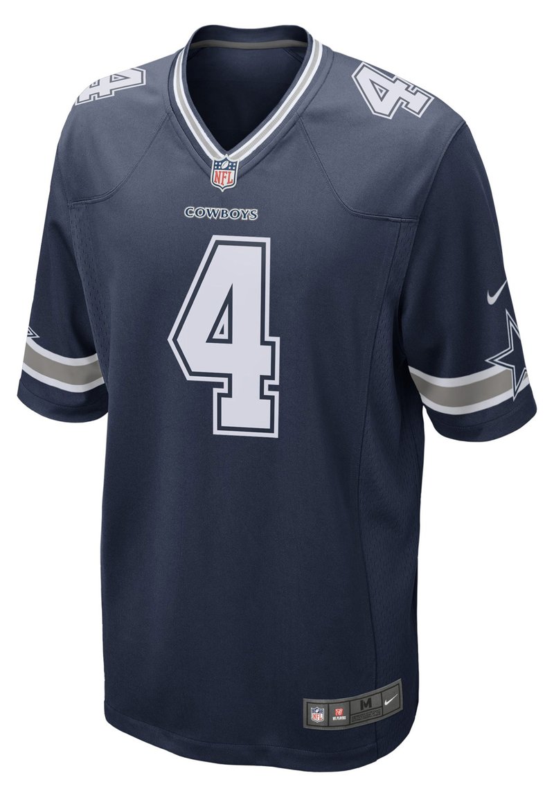 Sötétkék NFL mez fehér "4"-es számokkal és "COWBOYS" felirattal. Szürke és fehér csíkokkal a kézfeleken. Légáteresztő anyagból készült.