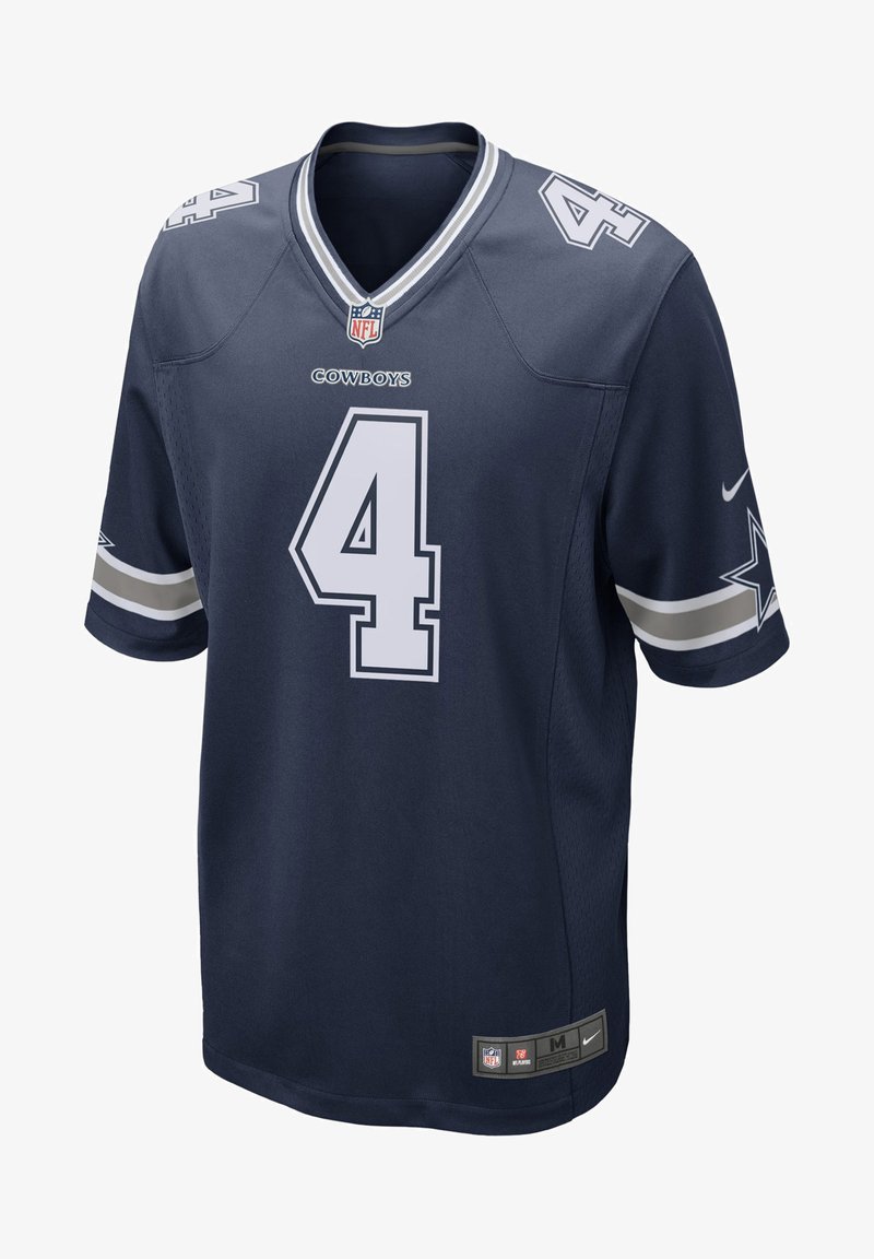 Camisa da NFL azul marinho com os números brancos "4" e o texto "COWBOYS". Apresenta riscas cinzas e brancas nas mangas. Feita de um tecido respirável.