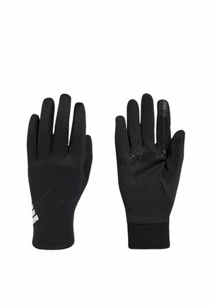 Para czarnych rękawic sportowych, lewa strona gładka tkanina, prawa strona teksturowana z wzorami chwytu i wskazującym palcem kompatybilnym z ekranem dotykowym.
