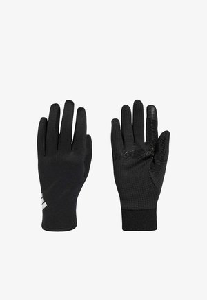 Para czarnych rękawic sportowych, lewa strona gładka tkanina, prawa strona teksturowana z wzorami chwytu i wskazującym palcem kompatybilnym z ekranem dotykowym.