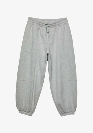 Pantaloni jogger grigi chiari realizzati in tessuto morbido, con vita elastica, cordoncino e polsini elastici, dotati di tasche laterali.