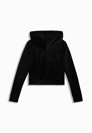 Felpa nera corta in morbido velluto, con cappuccio e logo "Juicy" decorato con strass sul retro. Design a maniche lunghe.