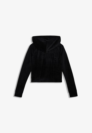 Felpa nera corta in morbido velluto, con cappuccio e logo "Juicy" decorato con strass sul retro. Design a maniche lunghe.