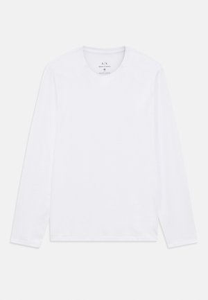 Camisola de mangas longas branca com decote redondo e logótipo da Armani Exchange impresso no interior do decote, tamanho médio.