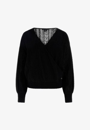 Schwarzer, langärmeliger Strickpullover mit V-Ausschnitt, Wickel-Optik, gerippten Bündchen und einem strukturierten Alpaka-Mischgewebe.