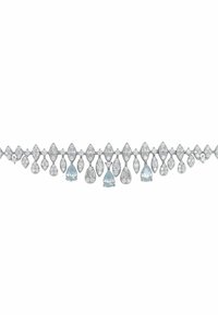 Silver necklace with alternating teardrop-shaped and marquise-cut light blue and clear gemstones in a repeating pattern.