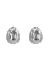 Orecchini a perno in metallo tono argento con forma liscia e arrotondata e finitura lucida, caratterizzati da un design minimalista senza decorazioni.