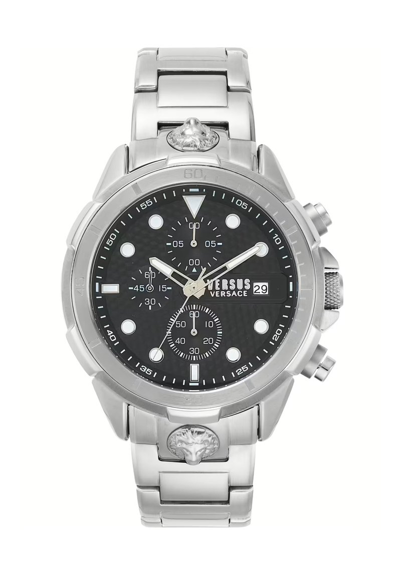 Orologio in acciaio inox argentato con quadrante nero, indicatori delle ore bianchi, sub-quadranti cronografici e dettaglio di testa di leone sul lato.